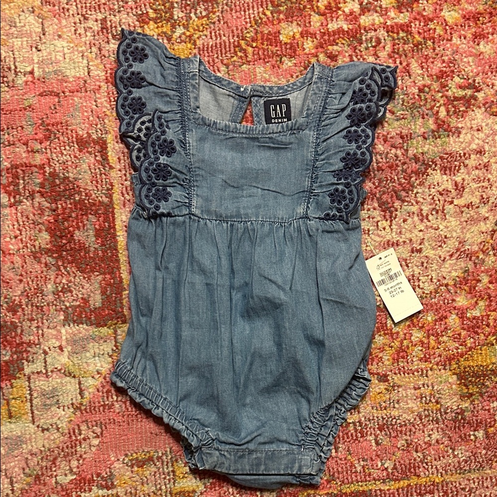 GAP Light Blue Denim Baby Romper with Navy Floral Accents